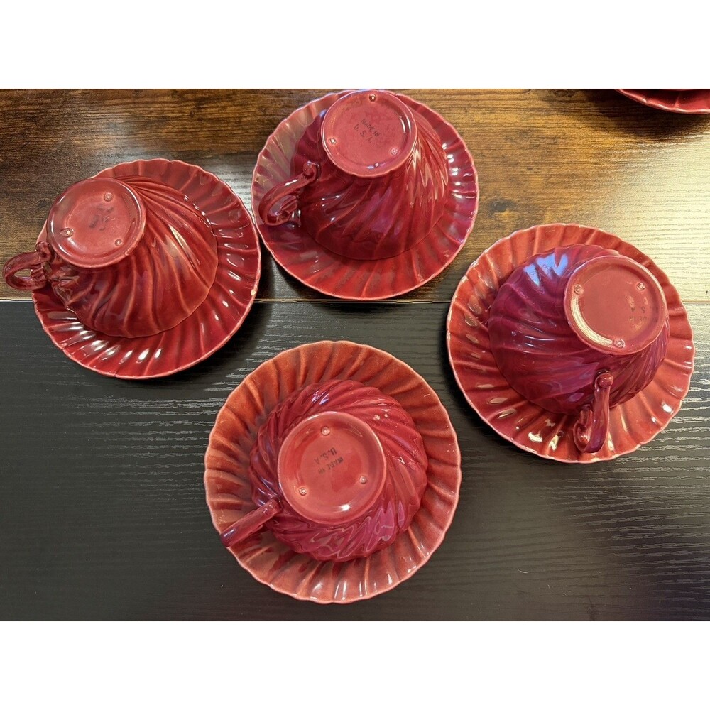 Franciscan Coronado Tea Cup and Saucer Swirl Burgundy Maroon Glossy Set of 4 VTG - Picture 5 of 7